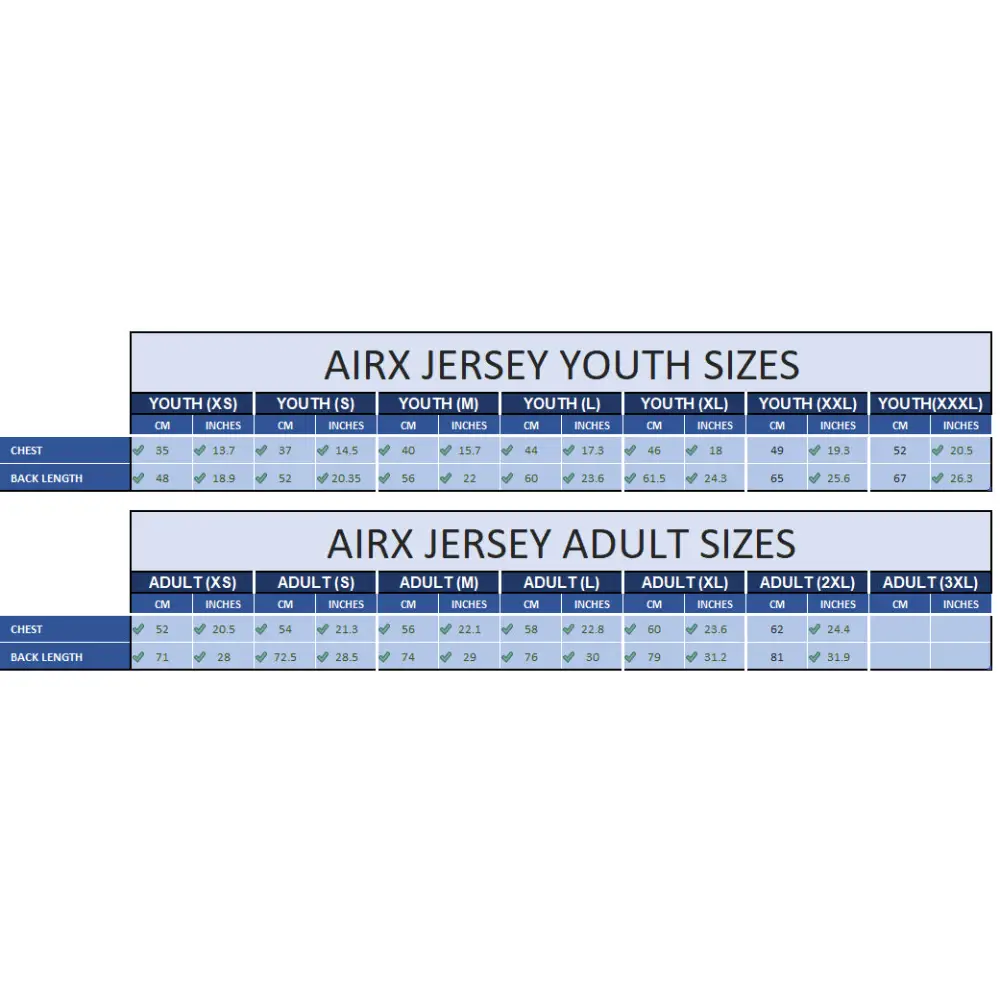 Jersey size charts for youth and adults.