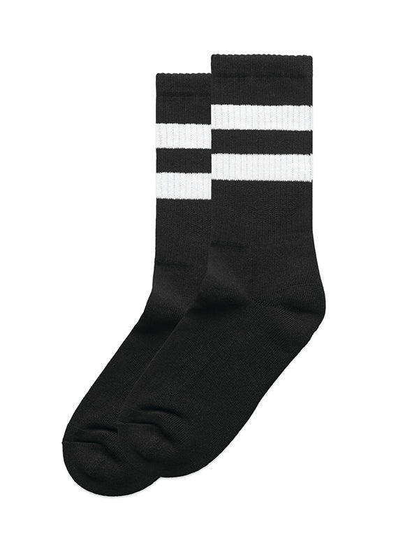 Black socks with white stripes.