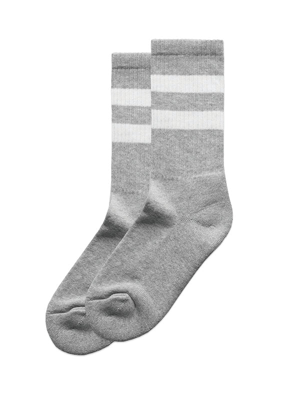 Gray socks with white stripes.