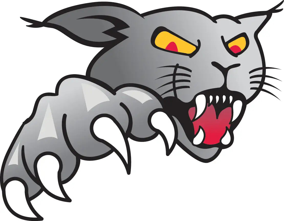 A stylized gray cartoon panther with yellow eyes and red pupils, sharp white claws extended forward.