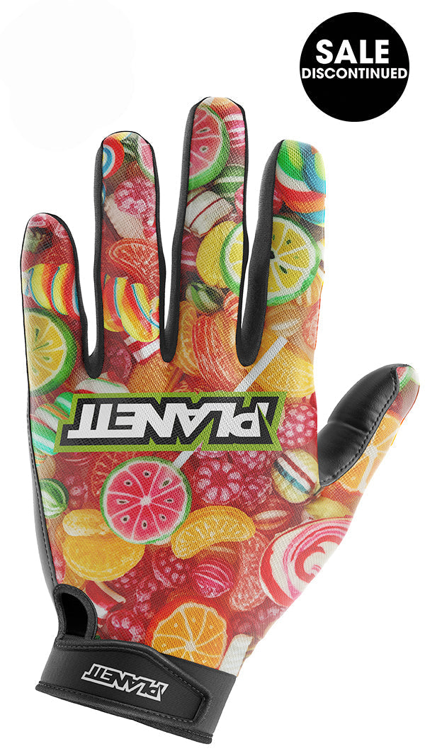Planet candy print glove with vibrant colors and textured palm.planet candy print glove
