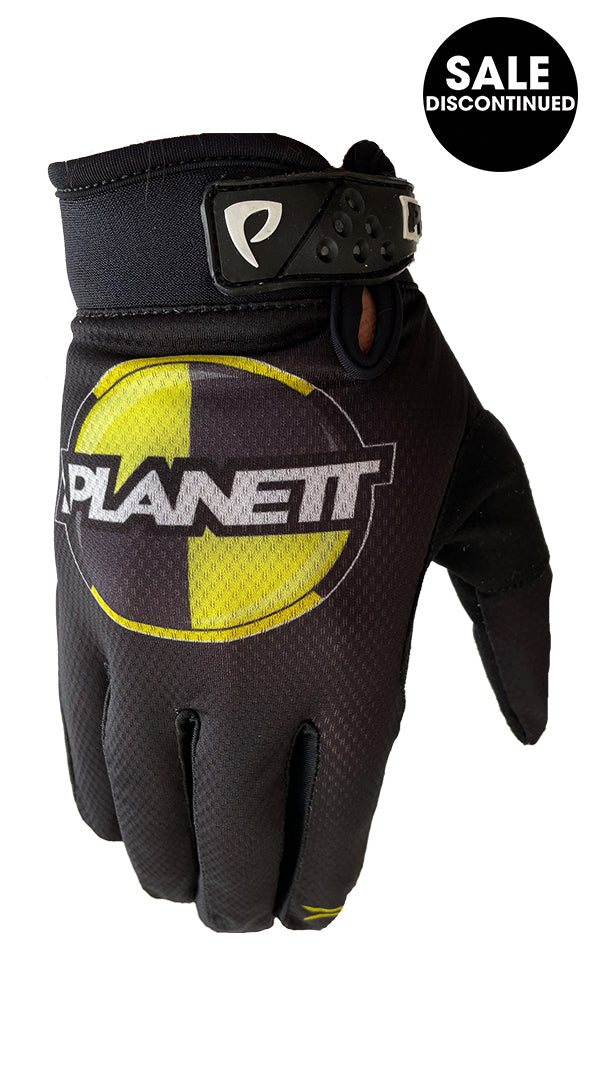Black and yellow planett glove with a strap design.