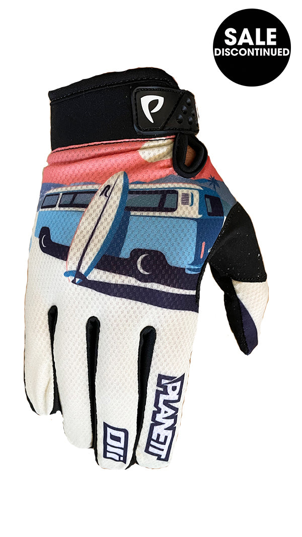 Blue and white camper van glove with black strap, palm grip design.
