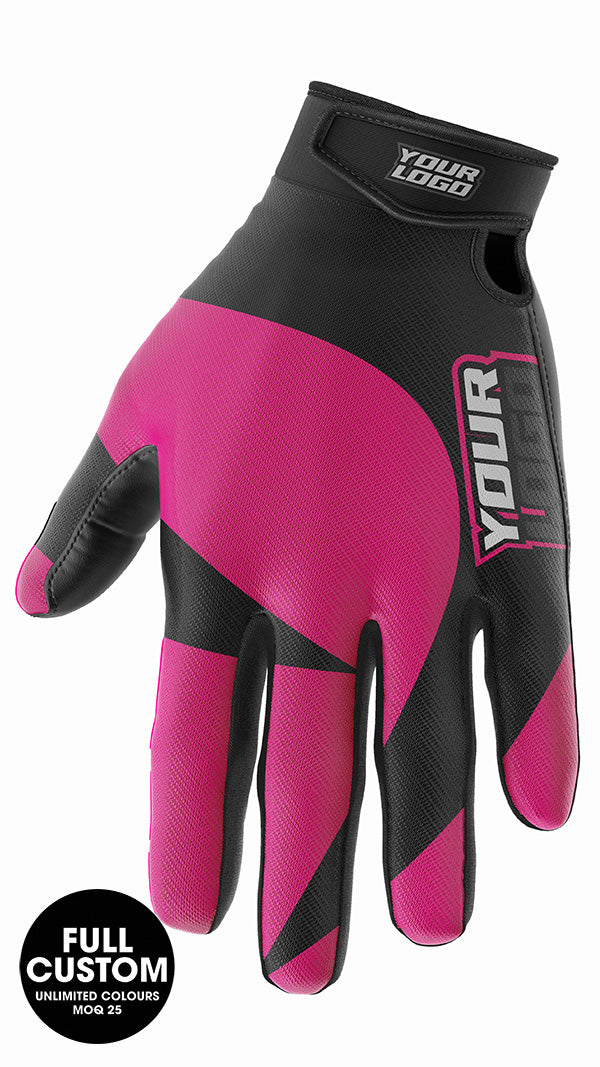 Neon pink and black motocross glove with a textured palm for grip, likely made of synthetic leather or neoprene.