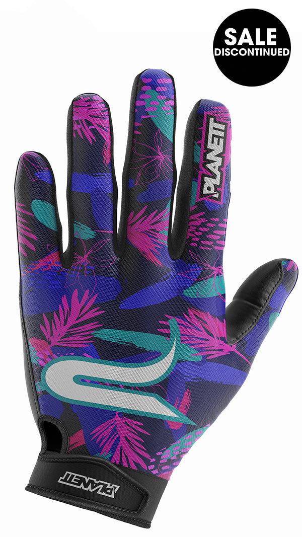 Neon purple and teal floral print glove with black accents, planet mtb brand.