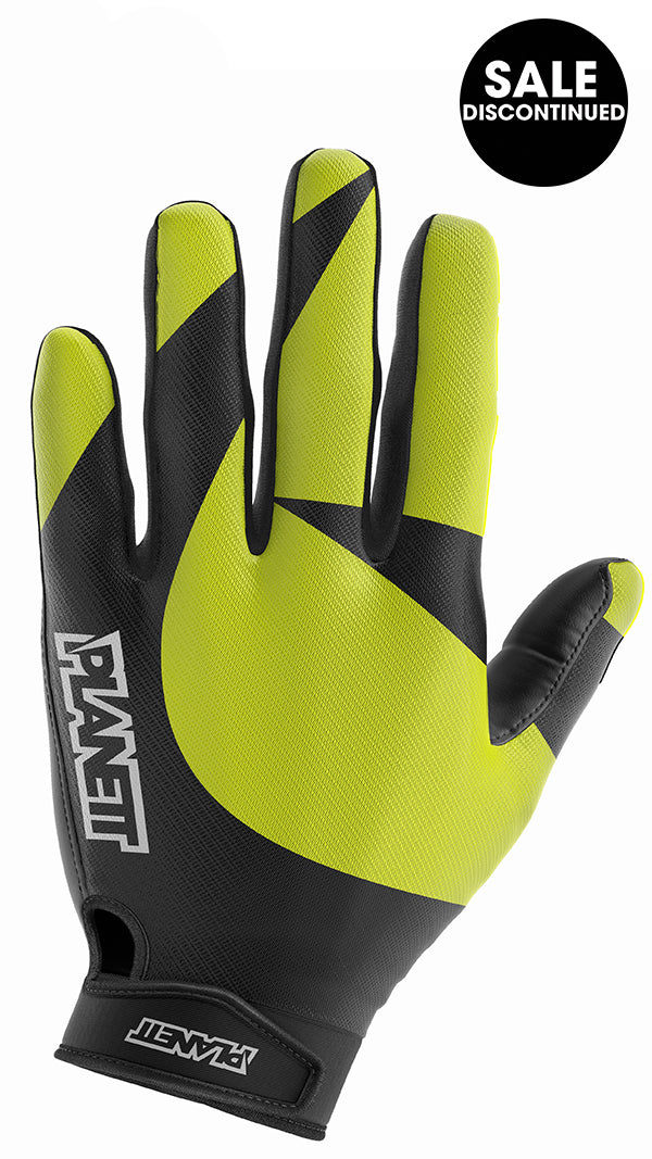 Neon yellow and black glove with ’planet’ logo on the palm.