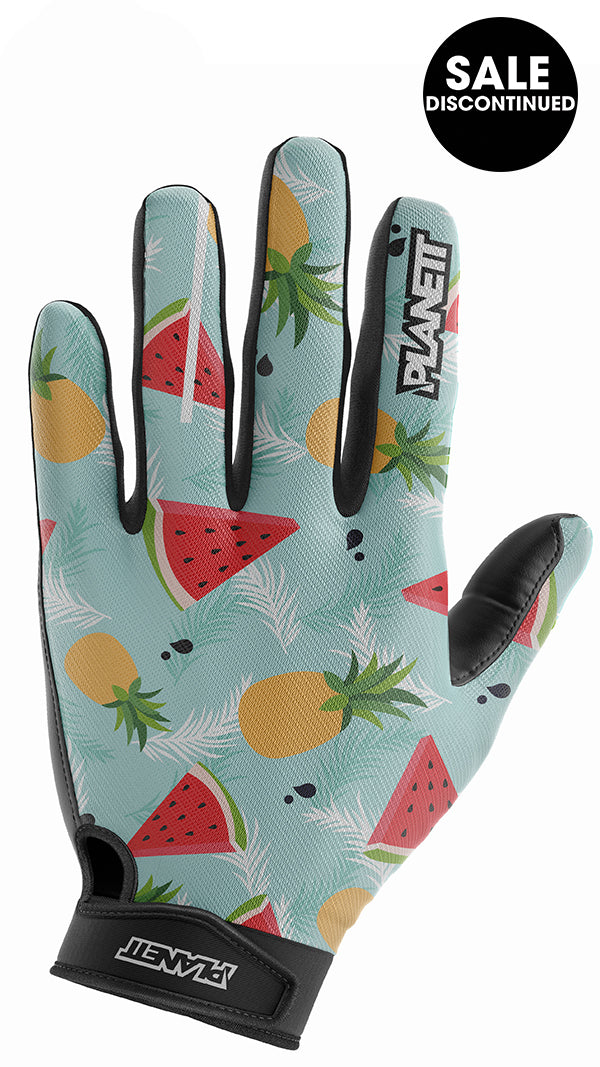 Pineapple and watermelon patterned glove with teal background, black accents.