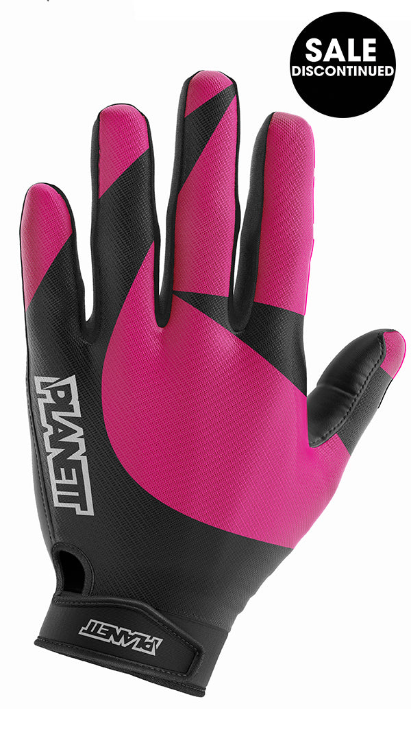 Pink and black glove with ’planet’ logo.