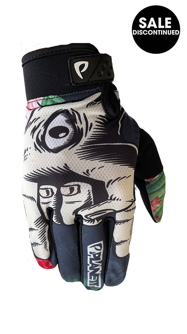 Poc cycling glove with black and white design featuring a stylized face, made of synthetic material.