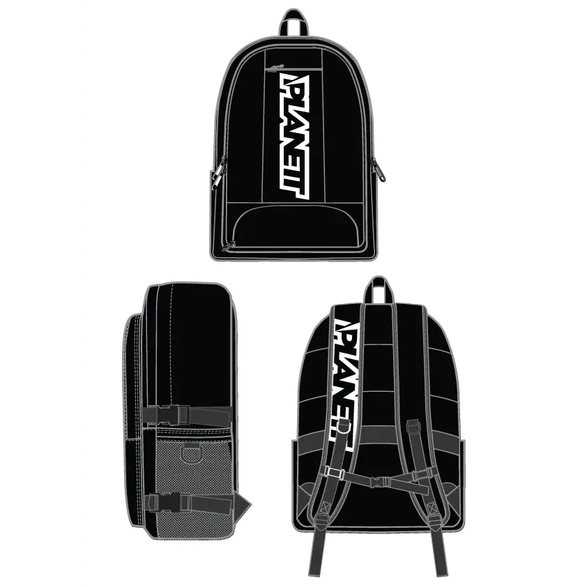 Black backpack with white lettering.