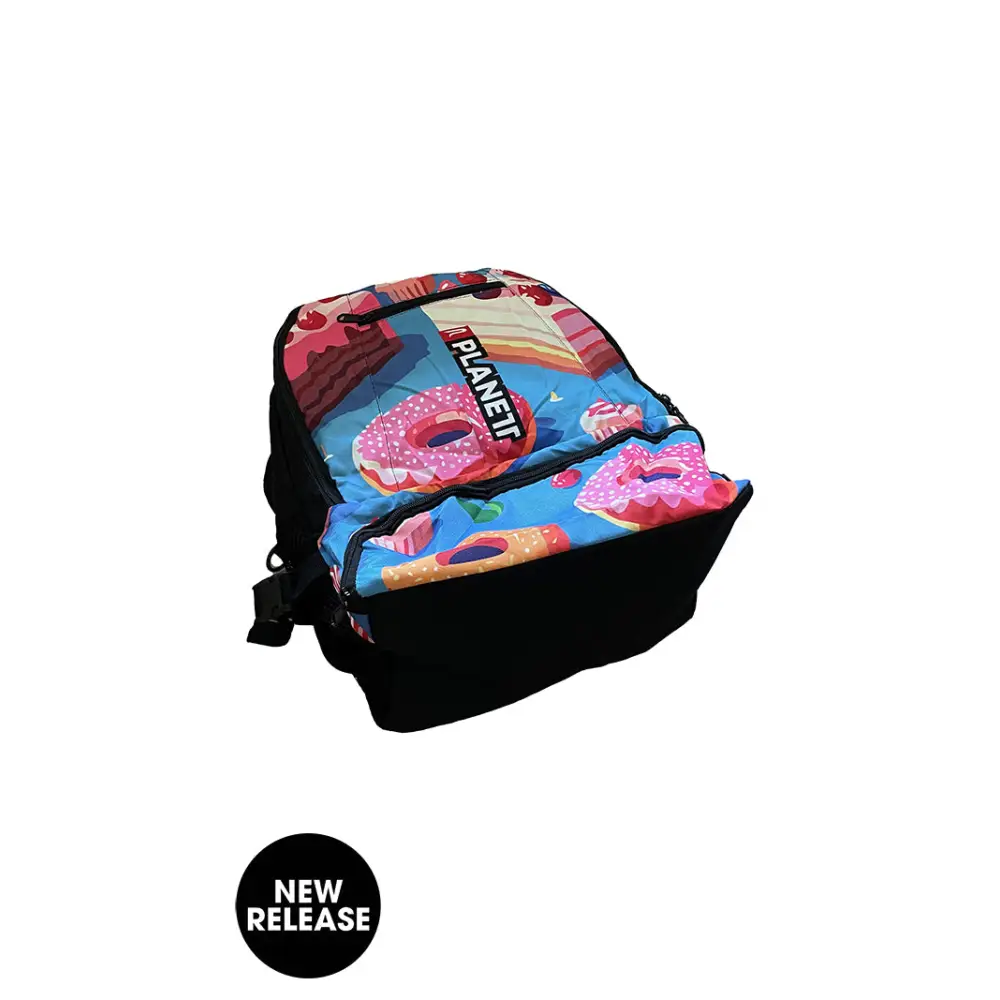 Colorful backpack with donut pattern.
