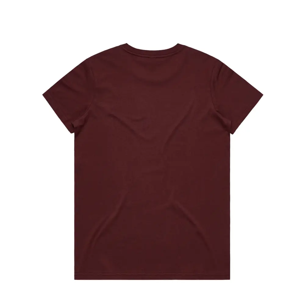 Maroon short-sleeved t-shirt.