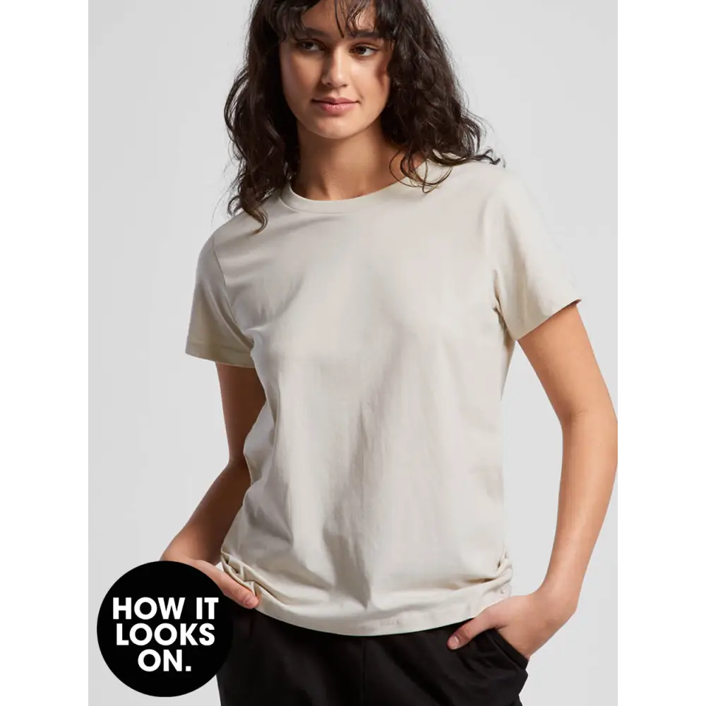 Beige crew-neck t-shirt.