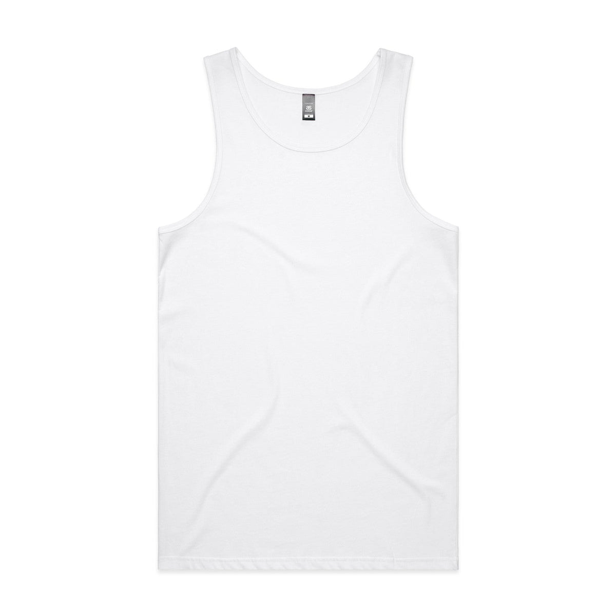 White sleeveless tank top with scoop neckline and ribbed hem, likely made of cotton or polyester blend.