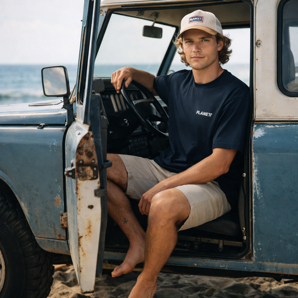 Navy blue short-sleeved t-shirt with ’planet’ embroidered in white on the left chest