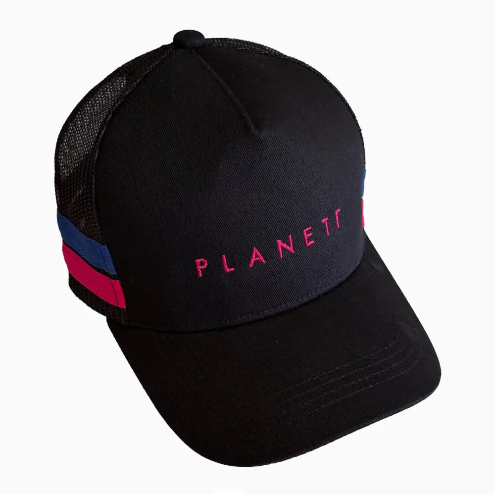 Black trucker hat with pink lettering.
