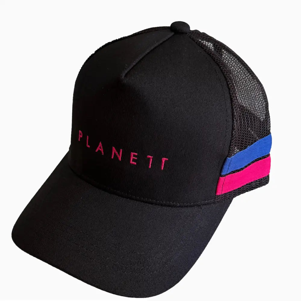 Black baseball cap with mesh back.