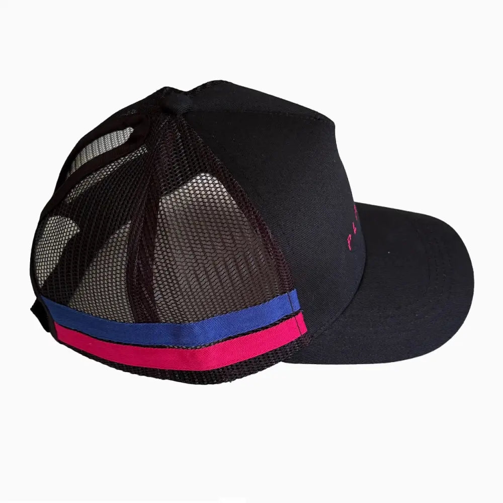 Black mesh-backed baseball cap.