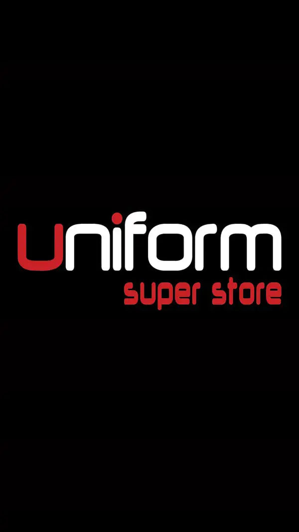 Uniform super store logo design in red and white on black background.