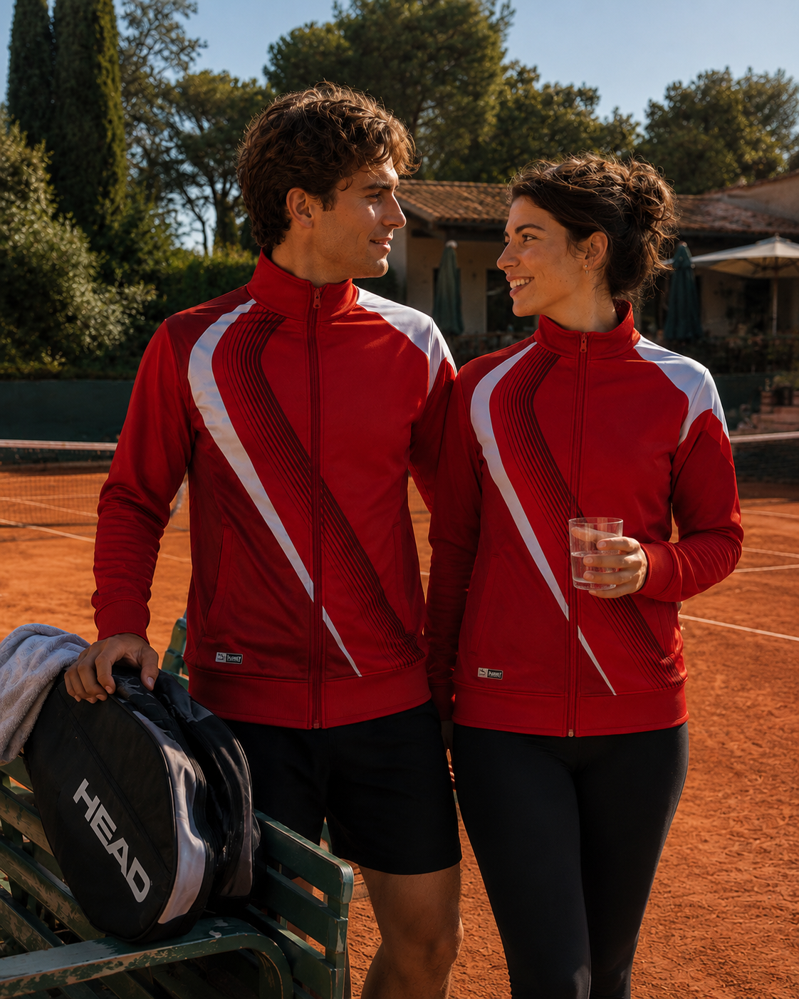 Two people in red and white sports jackets standing on a tennis court with a 'HEAD' bag.