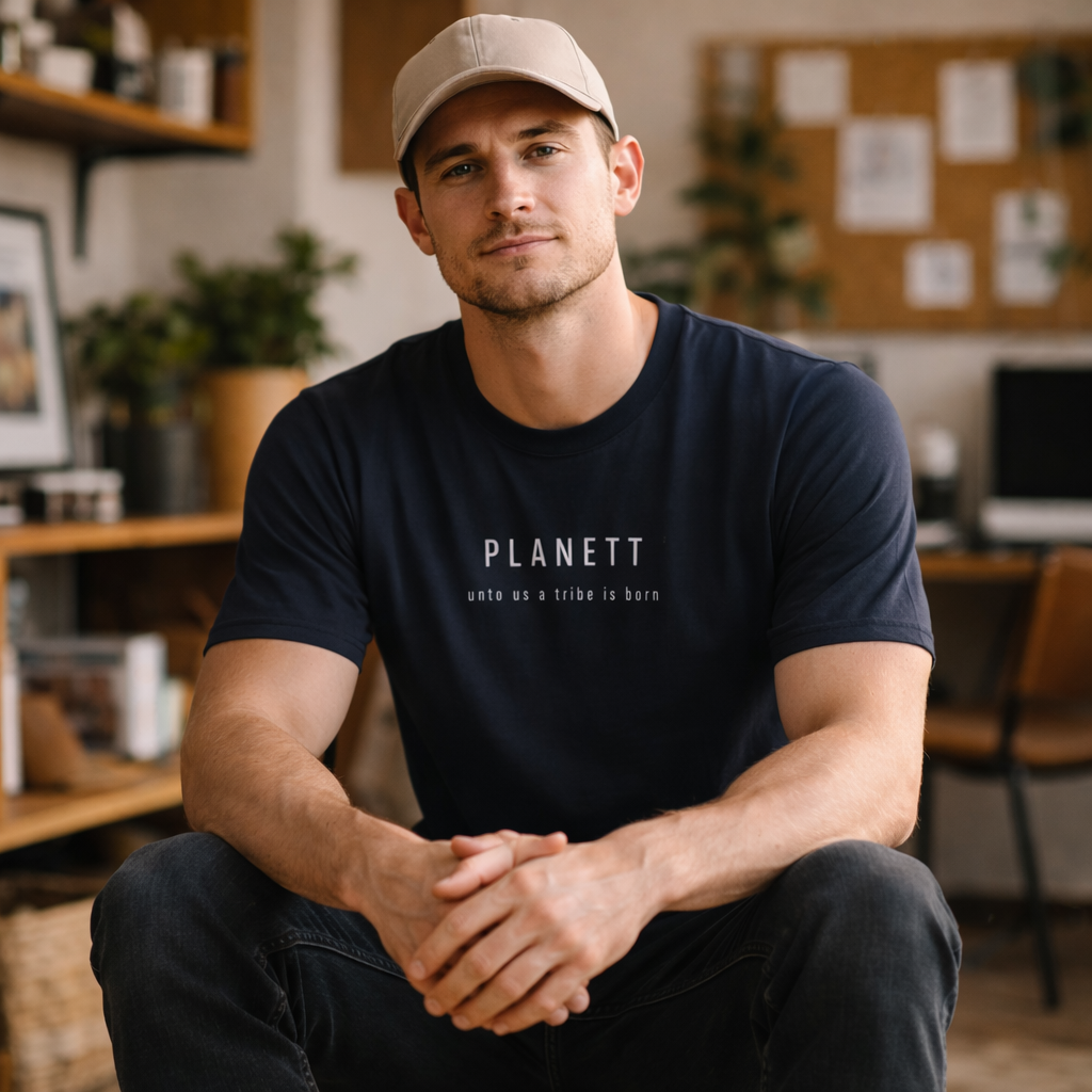 Navy blue short-sleeved t-shirt with white text reading ’planett’ and ’unto us a tribe is born’ across the chest