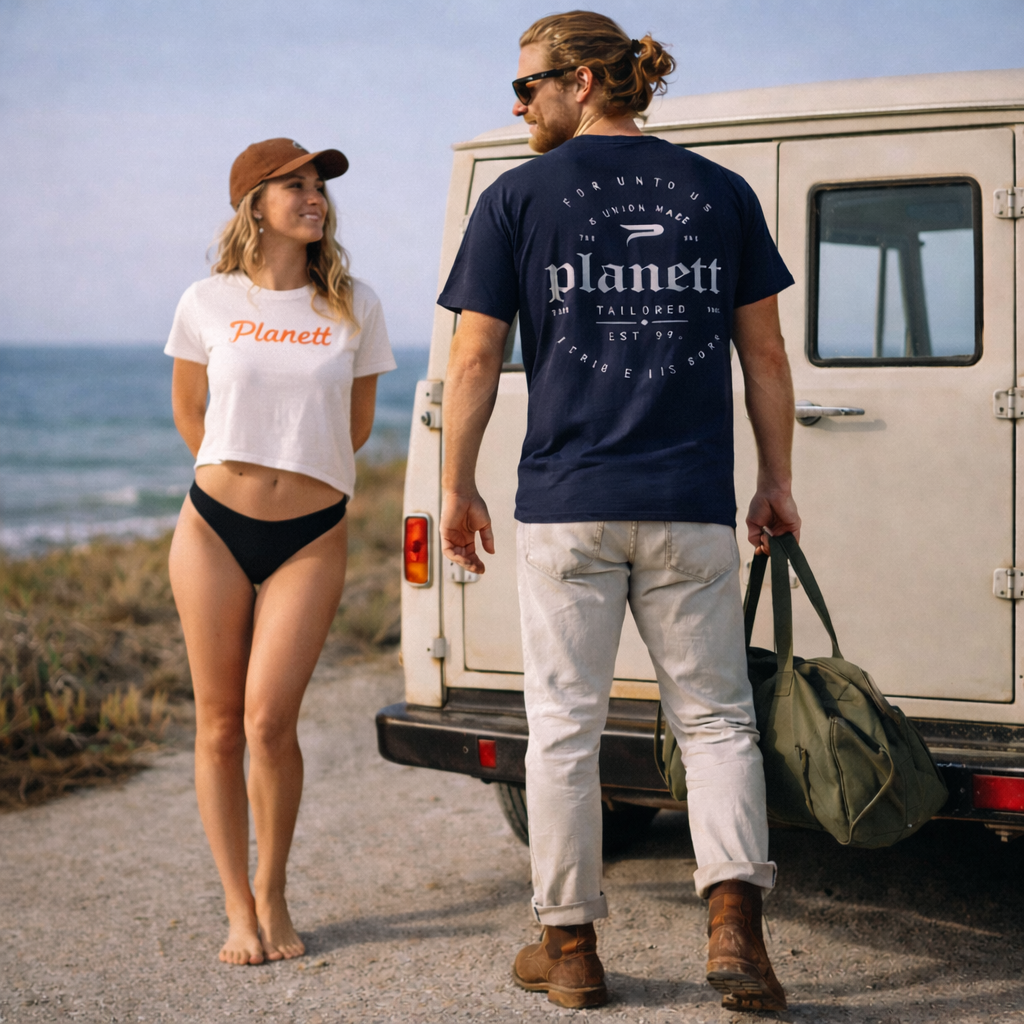 Navy blue planett t-shirt with white text and logo on the back