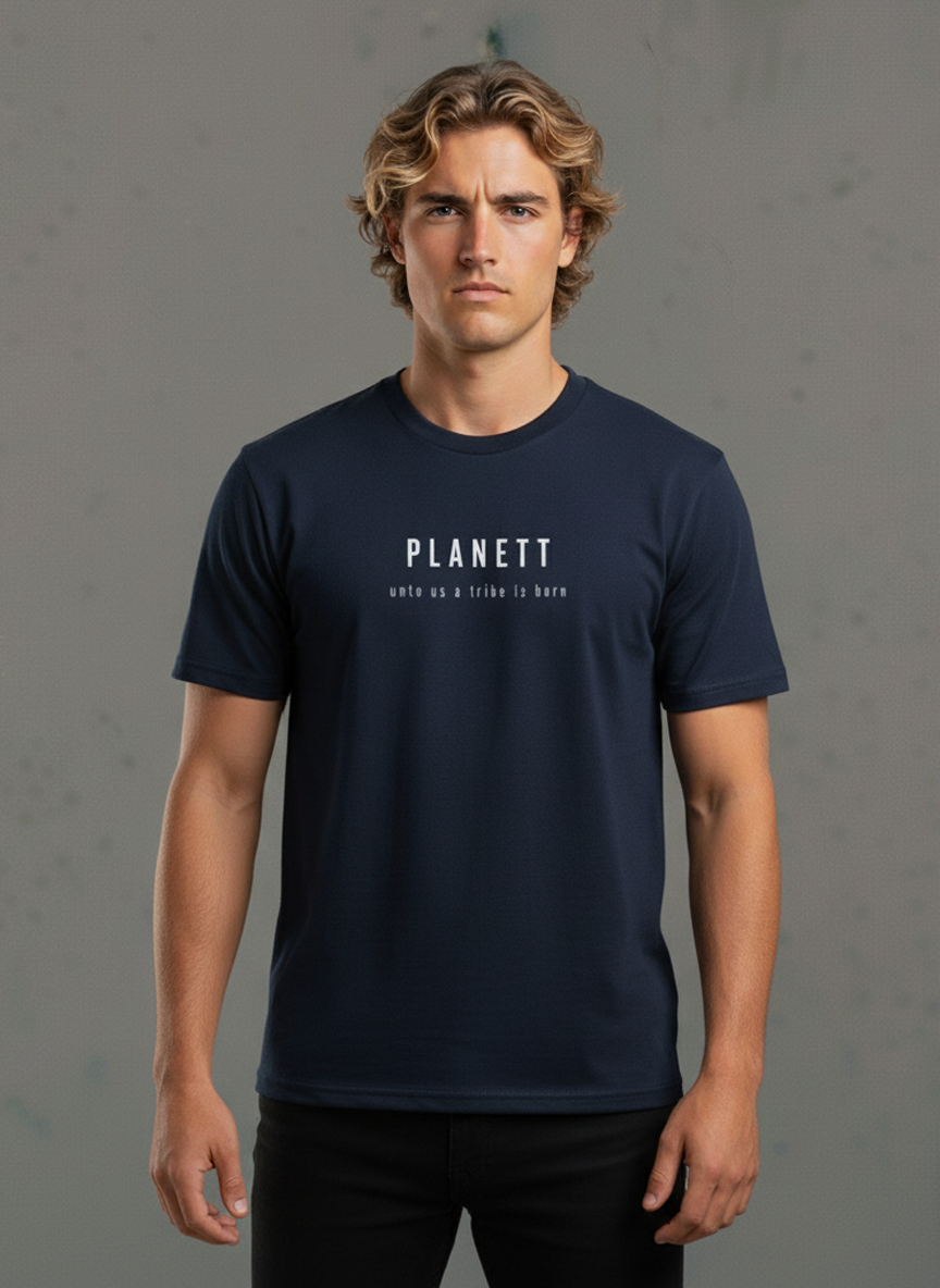 A man’s navy blue short-sleeve t-shirt with ’PLANETT’ and ’EATN AS A FISH IS BATH’ printed in white on the chest.