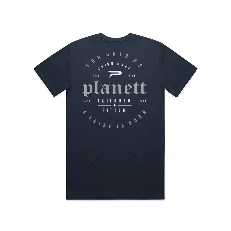Navy blue t-shirt with circular graphic.