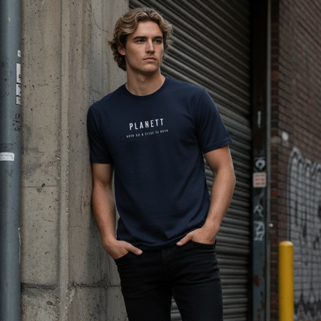 Navy blue cotton t-shirt with ’planett’ printed in white uppercase letters across the chest