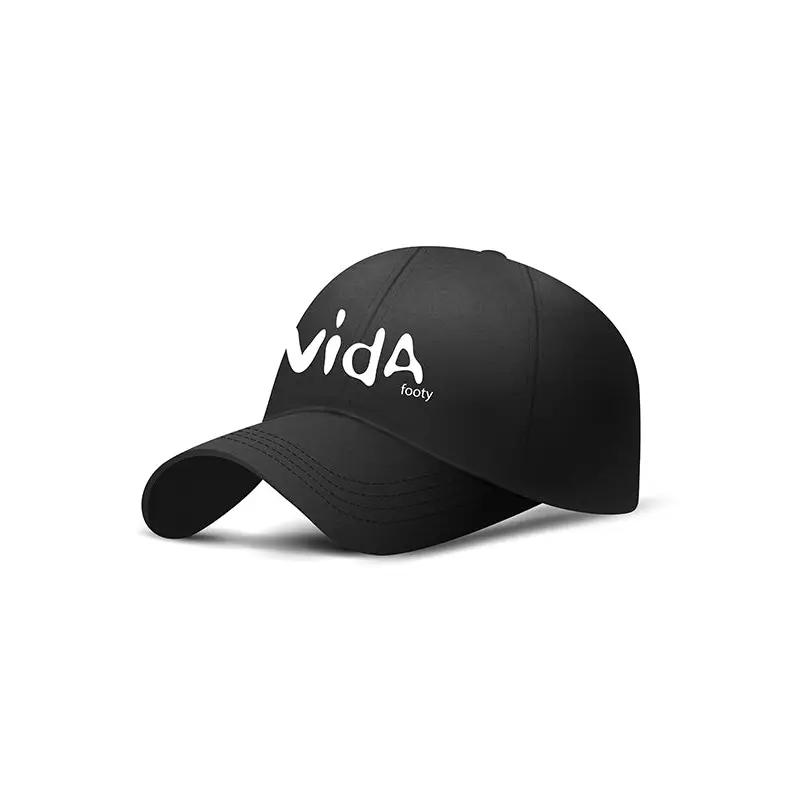 Black baseball cap with white lettering.