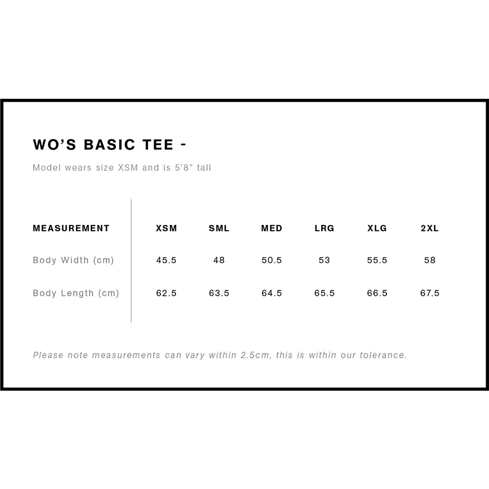 Women’s basic tee size chart.