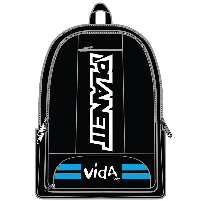 Black backpack with white and blue accents.