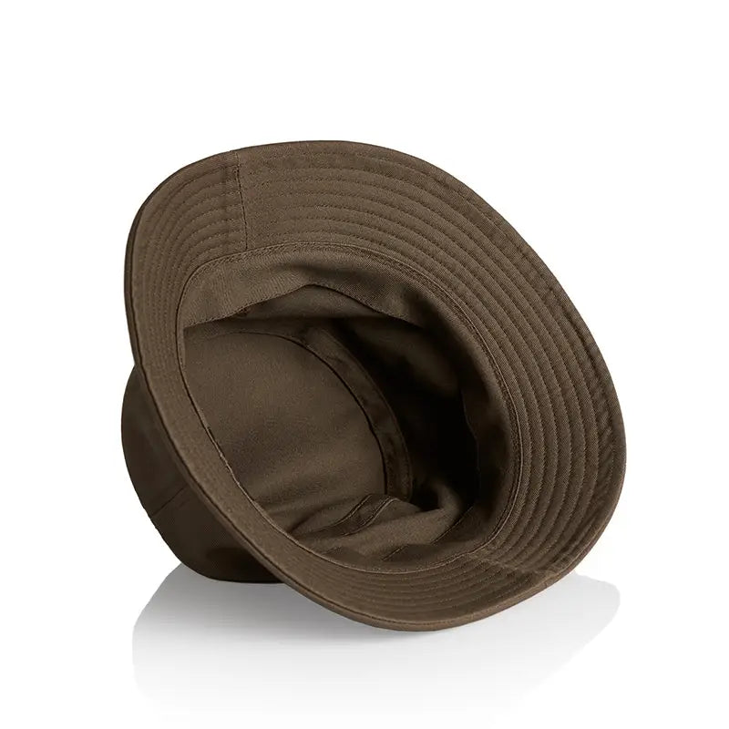 Brown bucket hat.