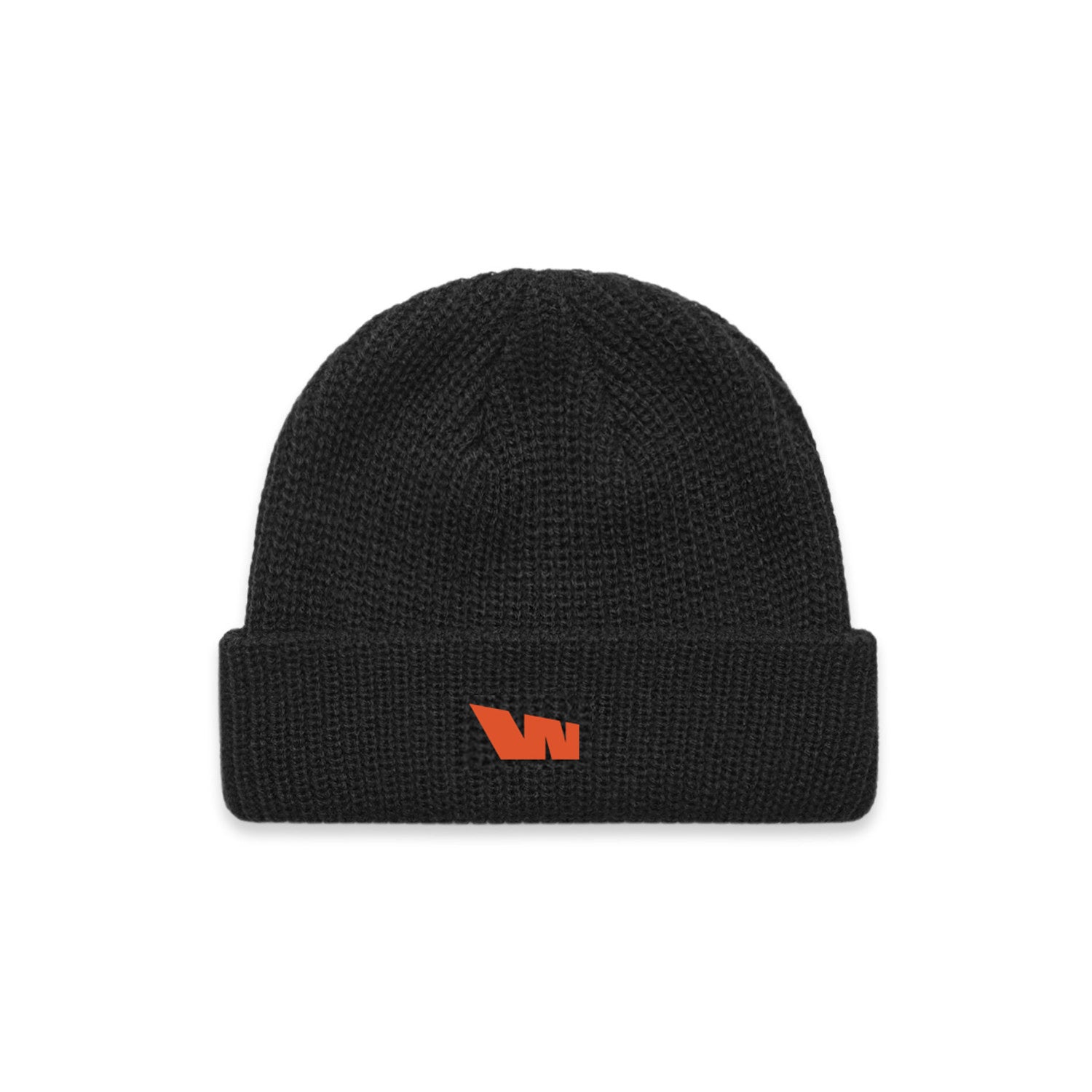 Black knit beanie with orange logo.