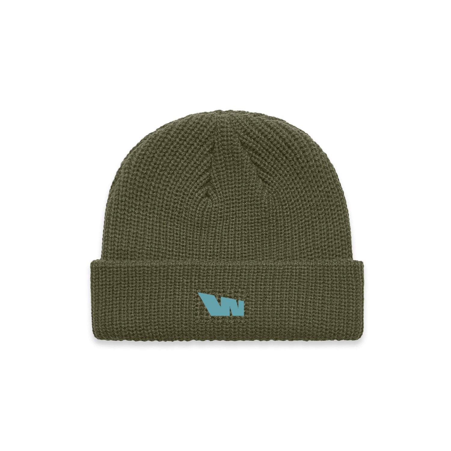 Olive green knit beanie with teal logo.