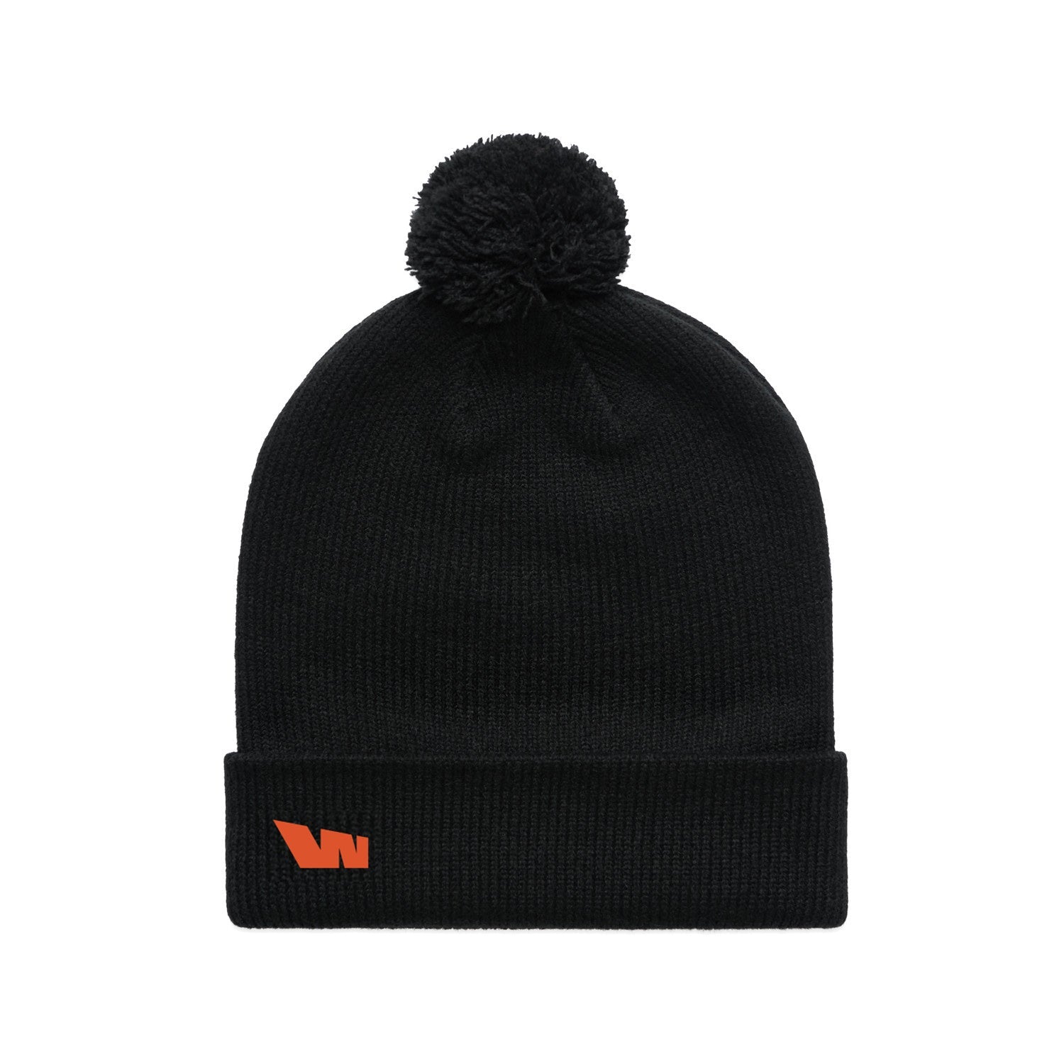 Black knit beanie with pompom.
