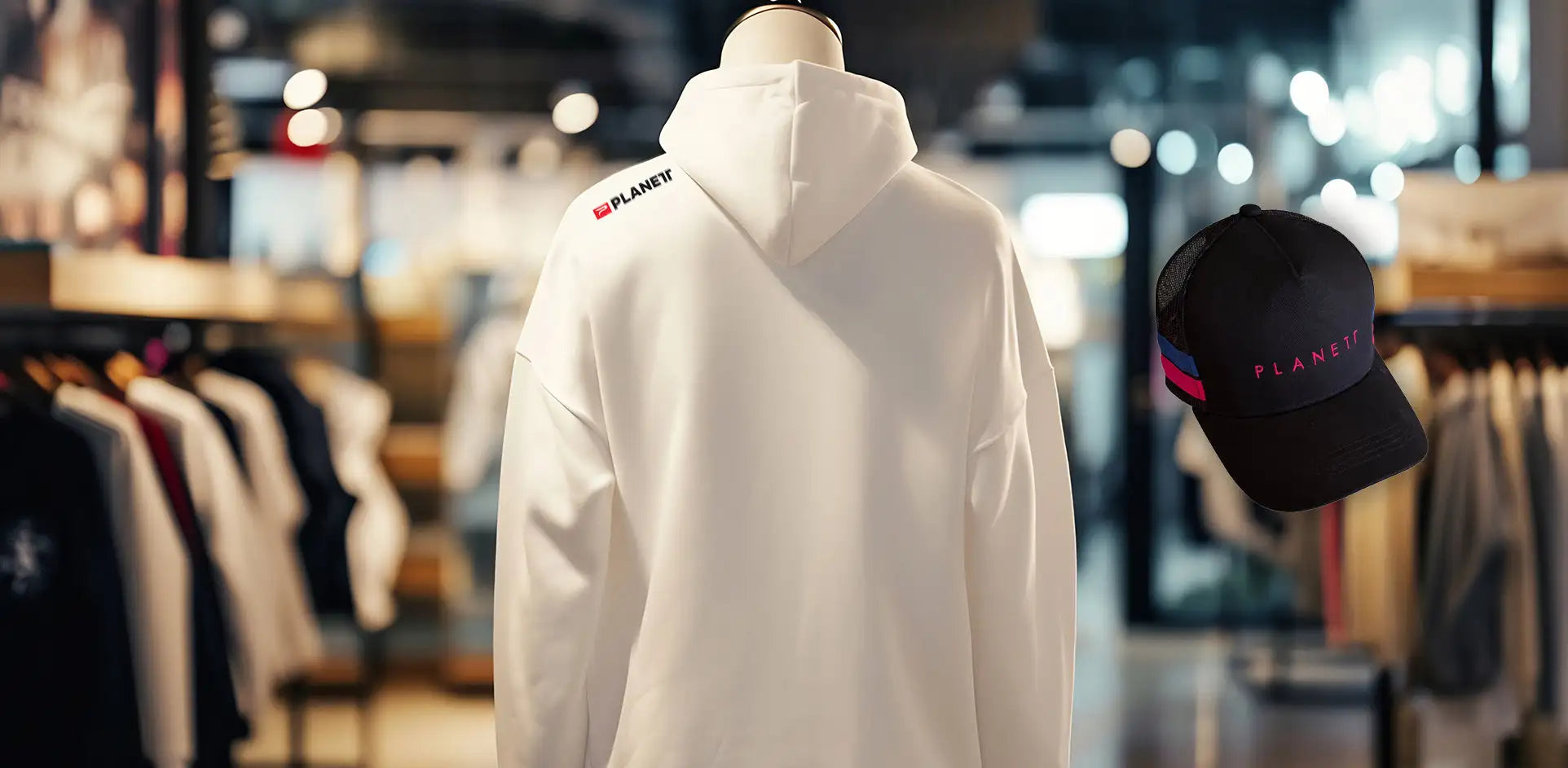 White hooded sweatshirt with ’planet’ logo on the back shoulder area