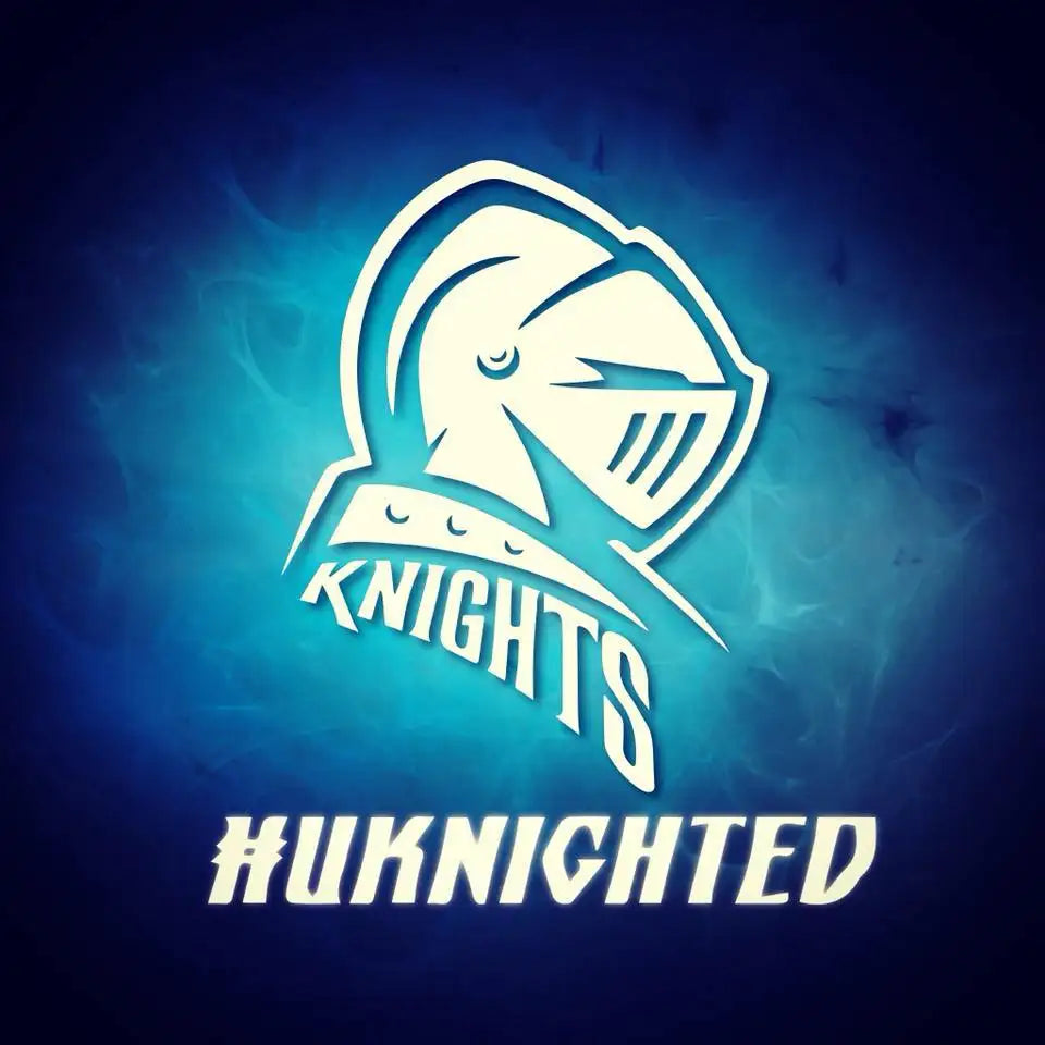 White stylized knight helmet logo with the word ’knights’ and hashtag ’#uknighted’ below it.