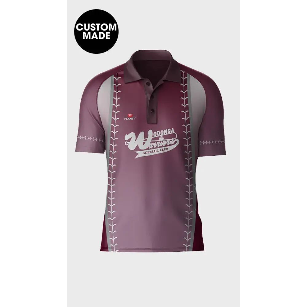 Maroon and gray softball jersey.