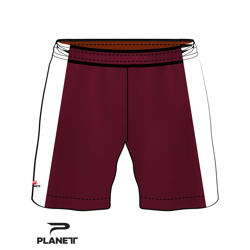 Maroon and white athletic shorts.