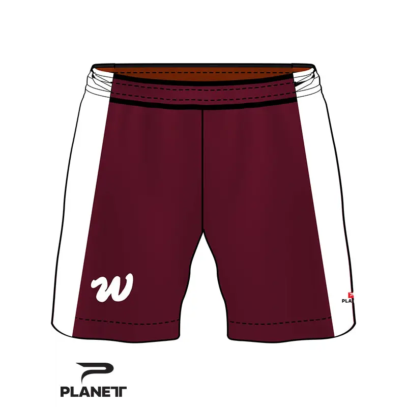 Maroon and white athletic shorts.