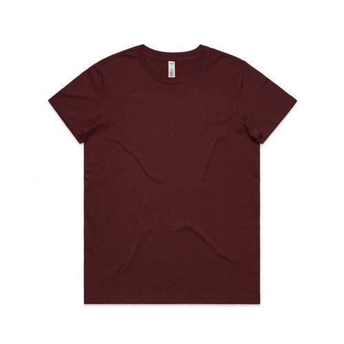 Burgundy t-shirt with short sleeves and a crew neck.