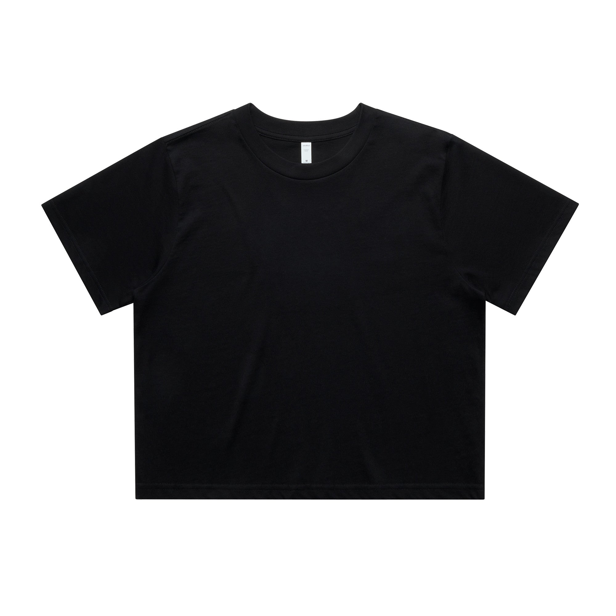 Black cropped t-shirt with short sleeves and a crew neck.