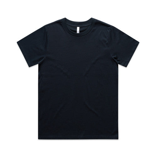 Black crew neck t-shirt with short sleeves and a simple design.