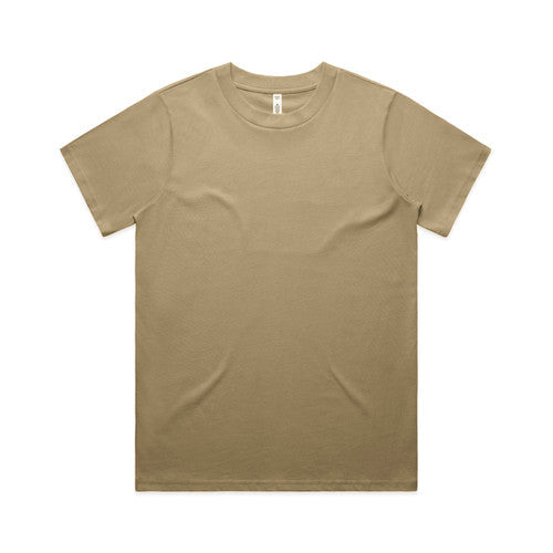 Beige crew neck t-shirt with short sleeves and a simple design.