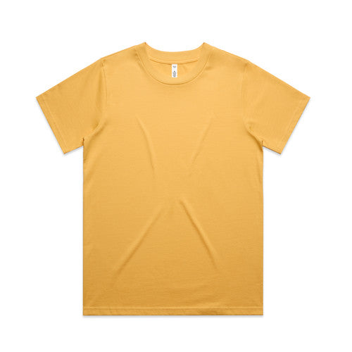 Mustard yellow crew neck t-shirt with short sleeves and a simple design.