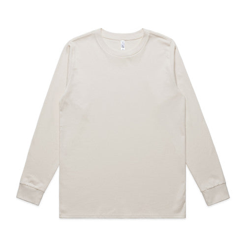 Cream-colored long-sleeved t-shirt with ribbed cuffs and hem, likely made of cotton.