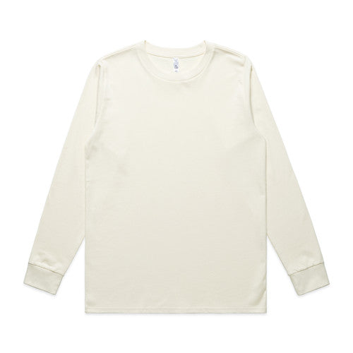 Cream-colored long-sleeved shirt with ribbed cuffs and hem, likely made of cotton or polyester blend.