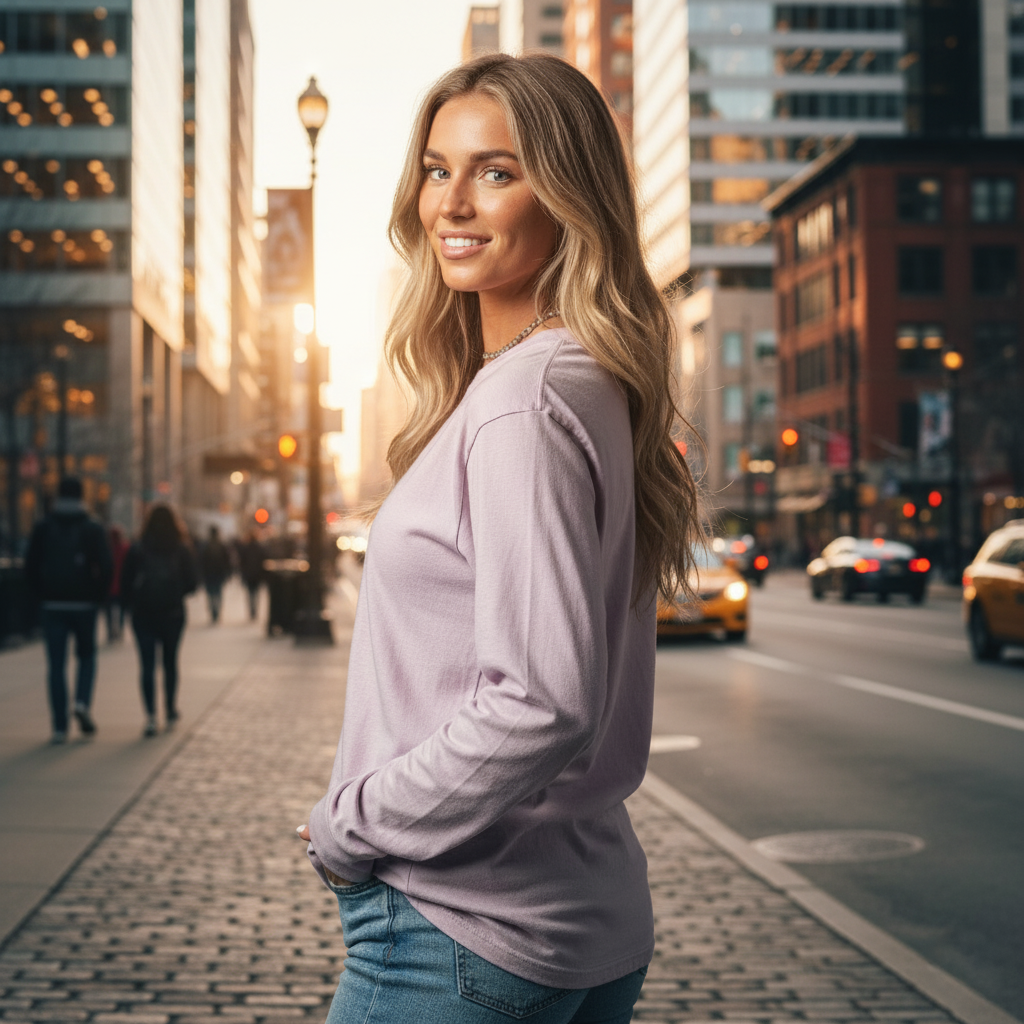 Lavender long-sleeve sweatshirt with ribbed cuffs and hem, casual fit.
