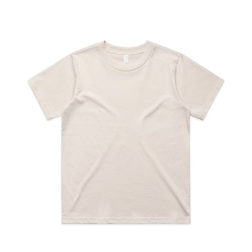 Cream-colored crew neck t-shirt with short sleeves and a relaxed fit.
